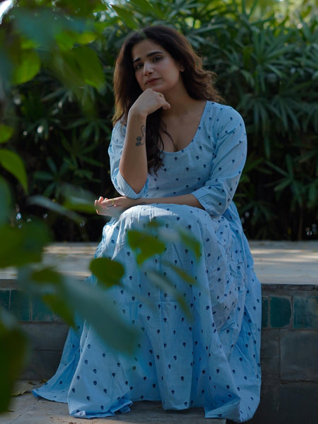 NeelKriti – Pure Cotton Handblock Khari Print Long Flared Dress | Ethnic Casual Wear for Women