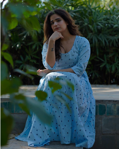 NeelKriti – Pure Cotton Handblock Khari Print Long Flared Dress | Ethnic Casual Wear for Women