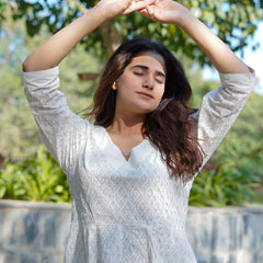 Noor Khari Handblock Pure Cotton Anarkali Dress for Women | Elegant White Flared Dress