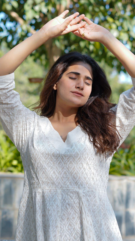 Noor Khari Handblock Pure Cotton Anarkali Dress for Women | Elegant White Flared Dress