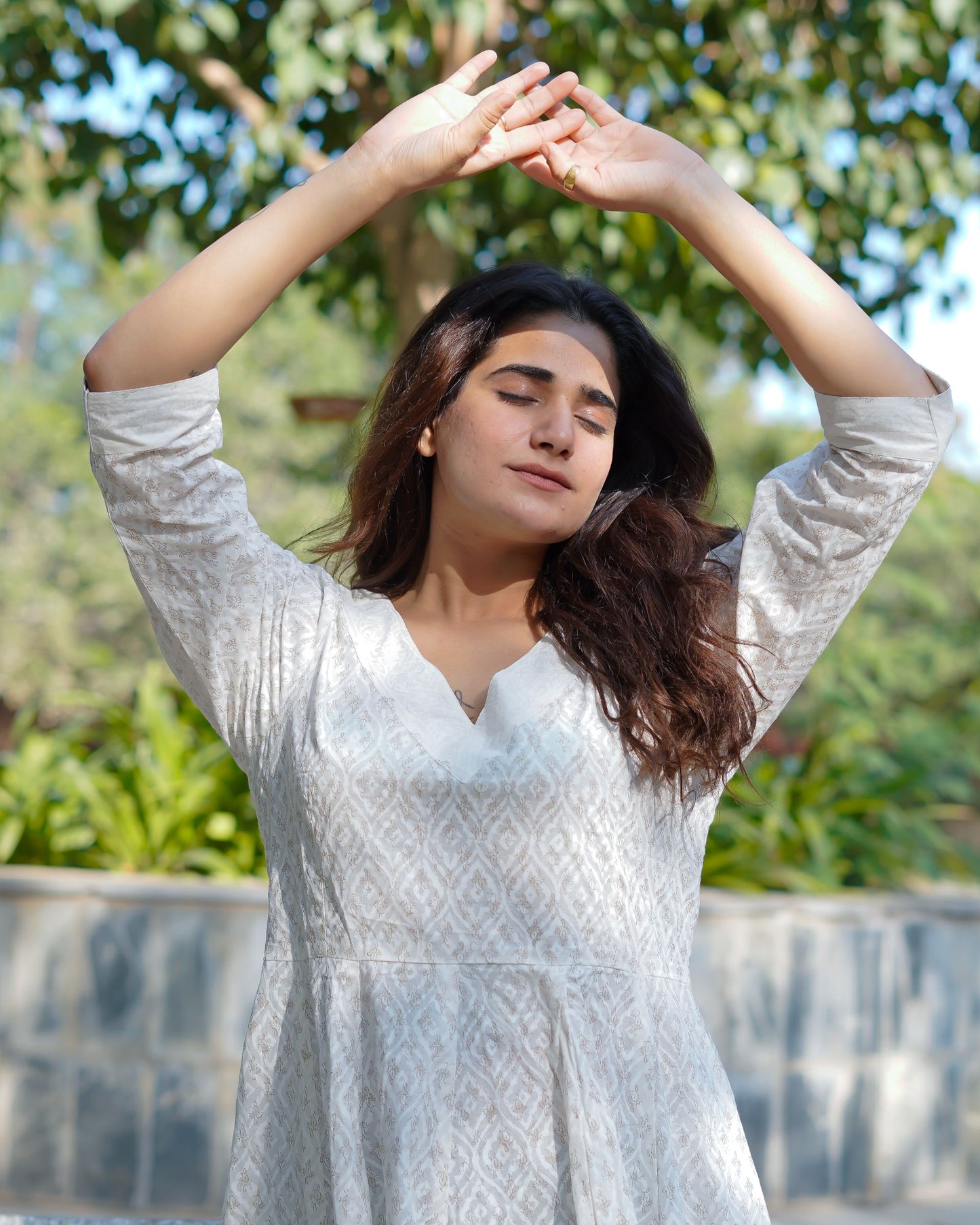 Noor Khari Handblock Pure Cotton Anarkali Dress for Women | Elegant White Flared Dress