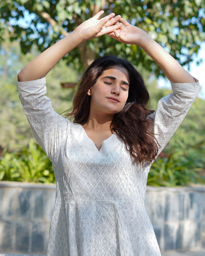 Noor Khari Handblock Pure Cotton Anarkali Dress for Women | Elegant White Flared Dress