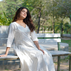 Noor Khari Handblock Pure Cotton Anarkali Dress for Women | Elegant White Flared Dress