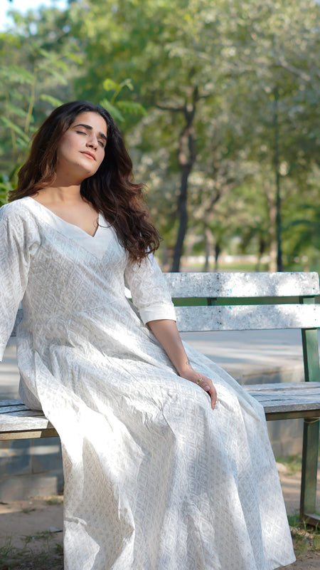 Noor Khari Handblock Pure Cotton Anarkali Dress for Women | Elegant White Flared Dress