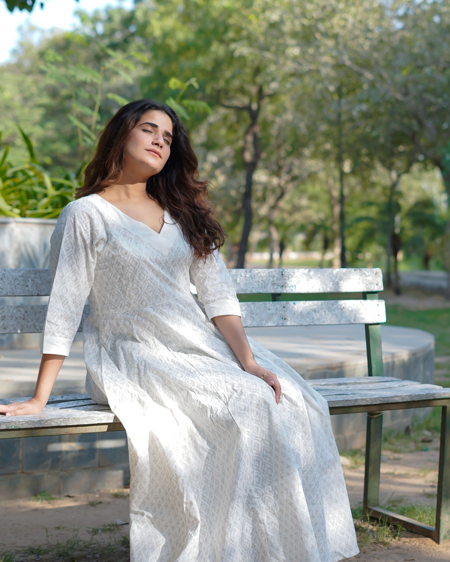 Noor Khari Handblock Pure Cotton Anarkali Dress for Women | Elegant White Flared Dress