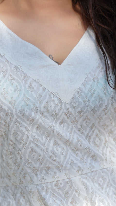 Noor Khari Handblock Pure Cotton Anarkali Dress for Women | Elegant White Flared Dress