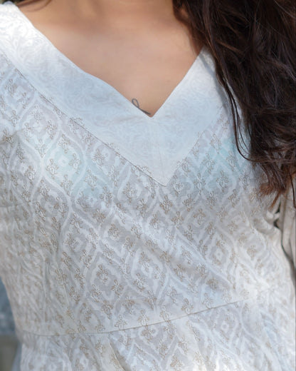 Noor Khari Handblock Pure Cotton Anarkali Dress for Women | Elegant White Flared Dress