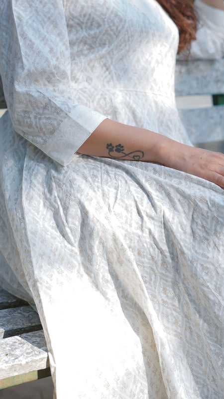 Noor Khari Handblock Pure Cotton Anarkali Dress for Women | Elegant White Flared Dress