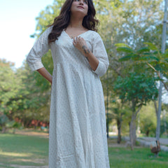 Noor Khari Handblock Pure Cotton Anarkali Dress for Women | Elegant White Flared Dress