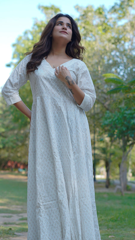 Noor Khari Handblock Pure Cotton Anarkali Dress for Women | Elegant White Flared Dress