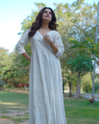 Noor Khari Handblock Pure Cotton Anarkali Dress for Women | Elegant White Flared Dress