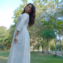 Noor Khari Handblock Pure Cotton Anarkali Dress for Women | Elegant White Flared Dress