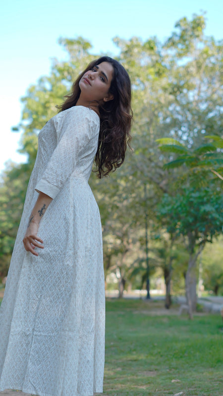 Noor Khari Handblock Pure Cotton Anarkali Dress for Women | Elegant White Flared Dress