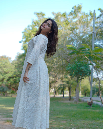 Noor Khari Handblock Pure Cotton Anarkali Dress for Women | Elegant White Flared Dress