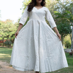 Noor Khari Handblock Pure Cotton Anarkali Dress for Women | Elegant White Flared Dress