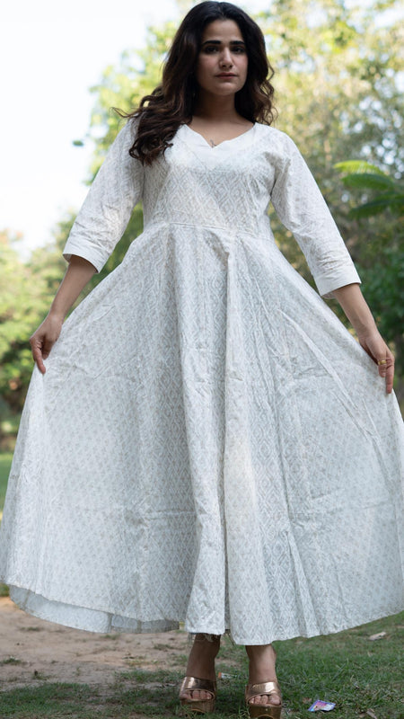 Noor Khari Handblock Pure Cotton Anarkali Dress for Women | Elegant White Flared Dress