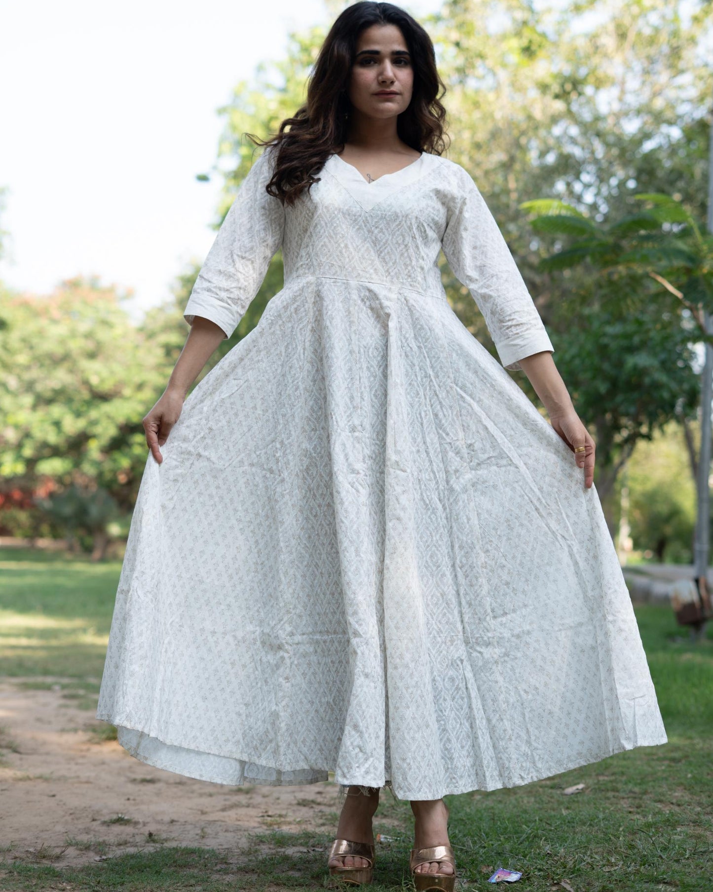 Noor Khari Handblock Pure Cotton Anarkali Dress for Women | Elegant White Flared Dress