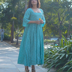 Aarini – Aqua Bloom Handblock Khari Printed Cotton Dress