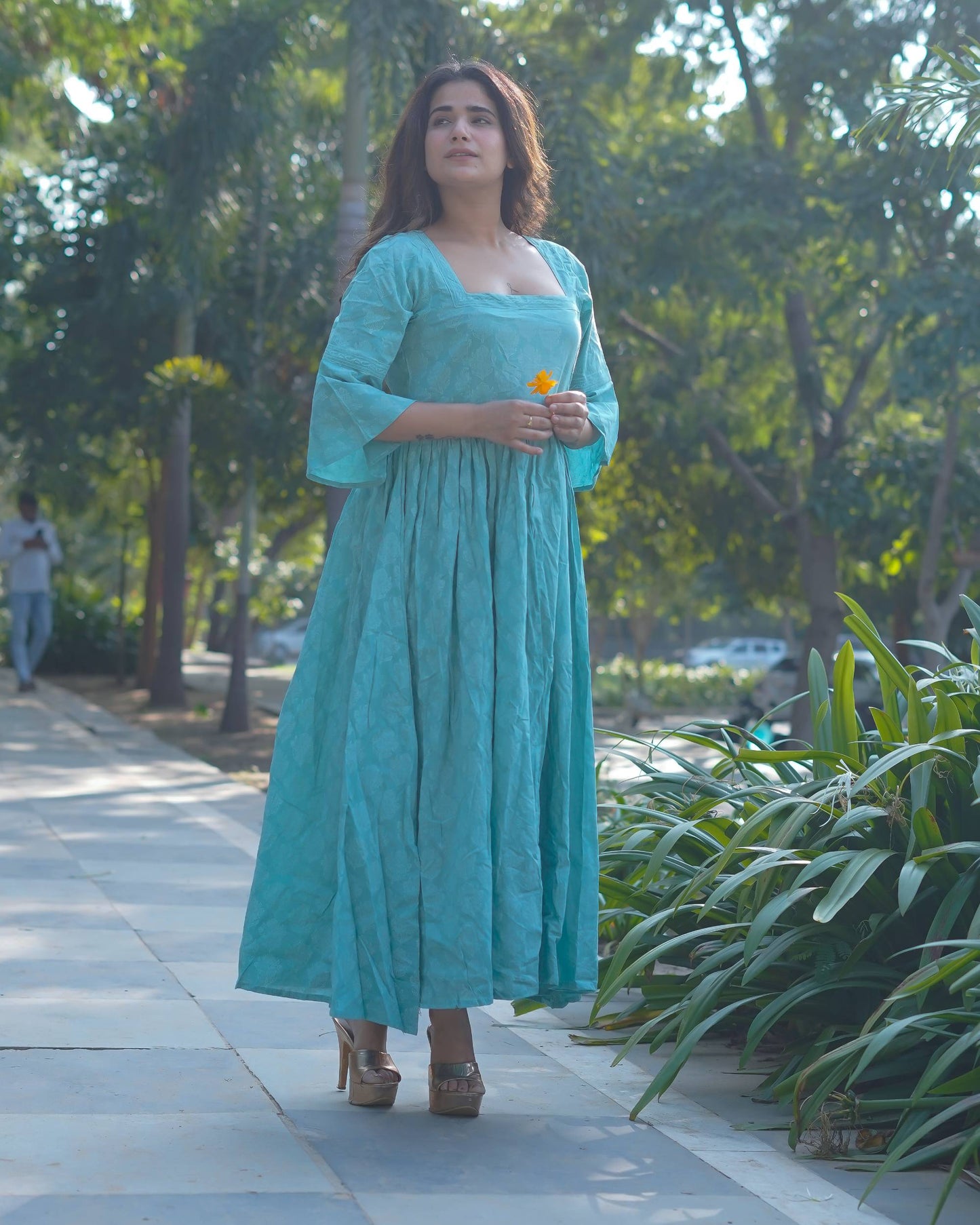 Aarini – Aqua Bloom Handblock Khari Printed Cotton Dress