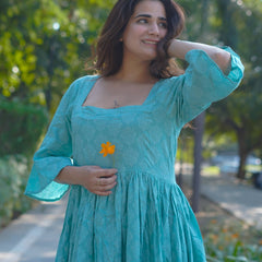 Aarini – Aqua Bloom Handblock Khari Printed Cotton Dress
