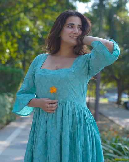 Aarini – Aqua Bloom Handblock Khari Printed Cotton Dress