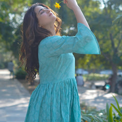 Aarini – Aqua Bloom Handblock Khari Printed Cotton Dress