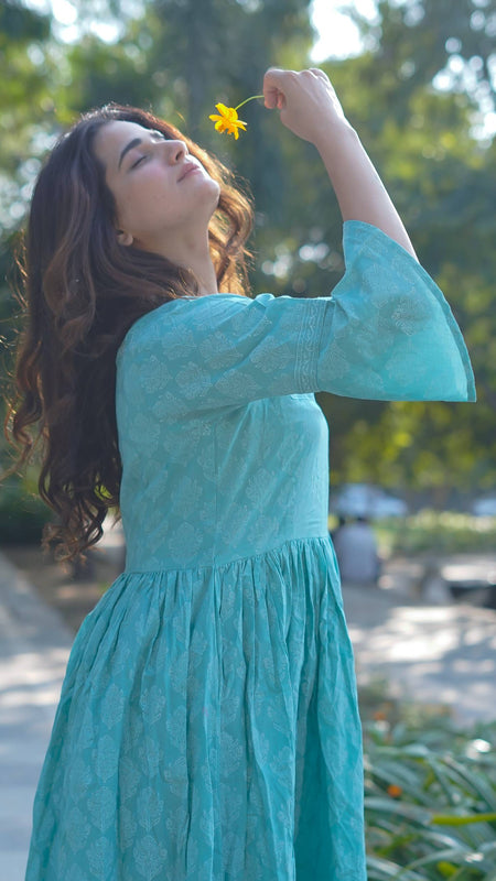 Aarini – Aqua Bloom Handblock Khari Printed Cotton Dress