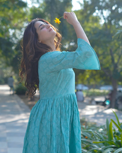 Aarini – Aqua Bloom Handblock Khari Printed Cotton Dress