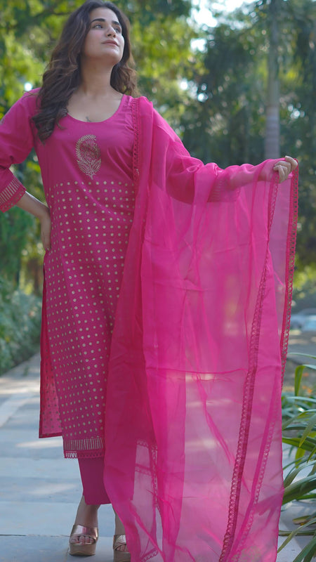 Mira – Fuchsia Radiance Handblock Gold Printed Cotton Suit Set with Organza Dupatta