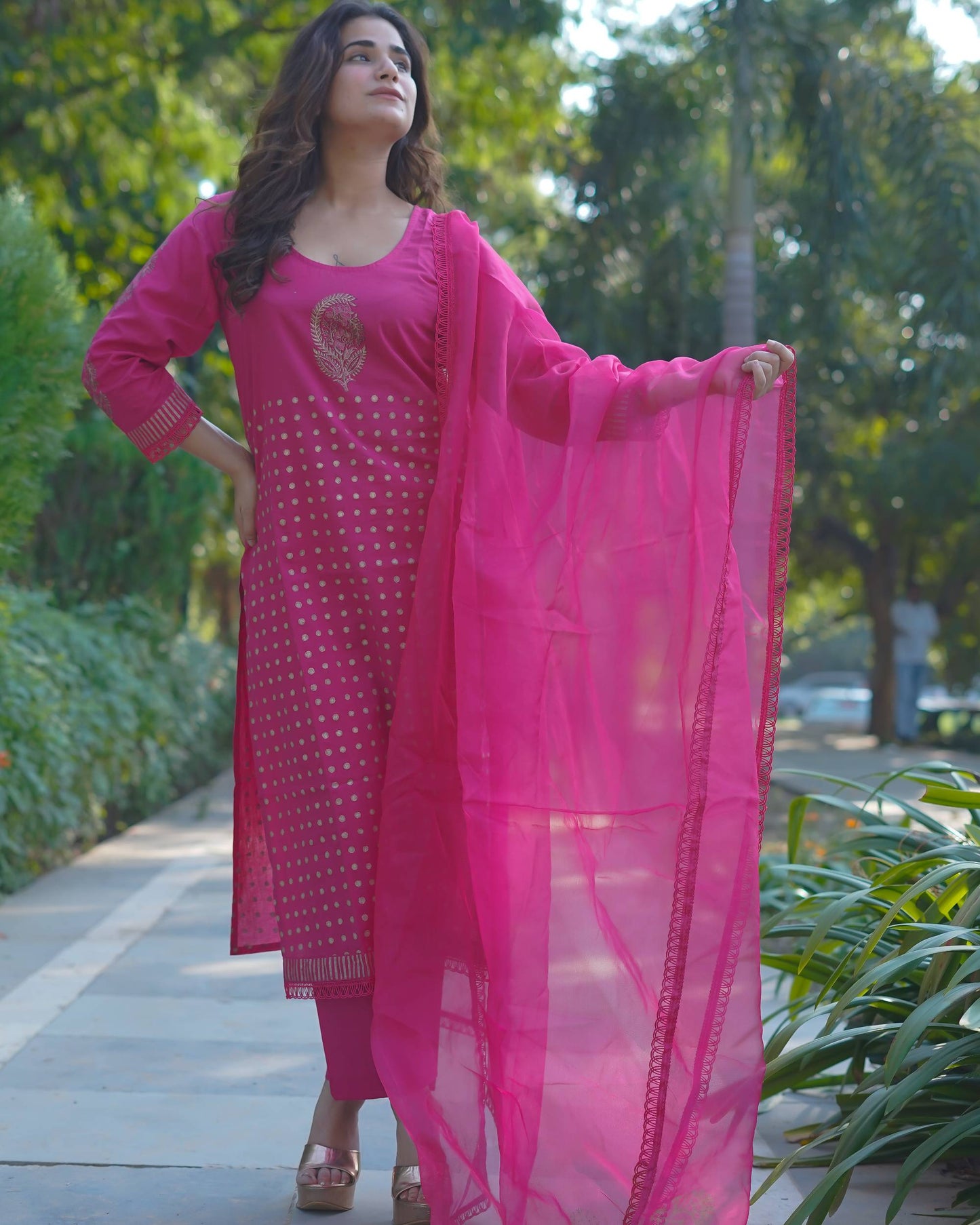 Mira – Fuchsia Radiance Handblock Gold Printed Cotton Suit Set with Organza Dupatta