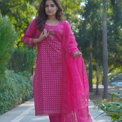 Mira – Fuchsia Radiance Handblock Gold Printed Cotton Suit Set with Organza Dupatta