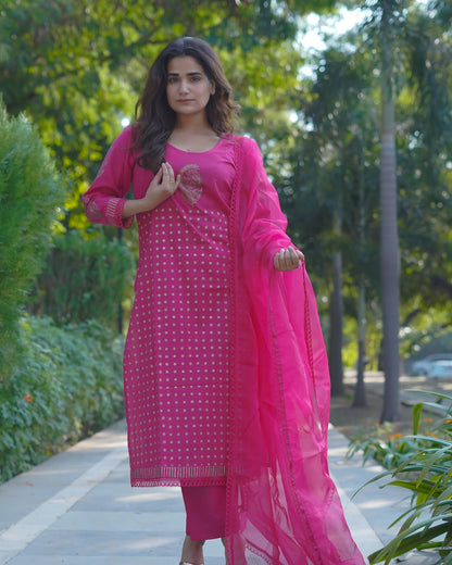 Mira – Fuchsia Radiance Handblock Gold Printed Cotton Suit Set with Organza Dupatta