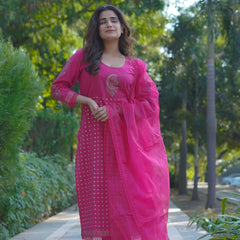 Mira – Fuchsia Radiance Handblock Gold Printed Cotton Suit Set with Organza Dupatta