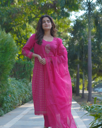 Mira – Fuchsia Radiance Handblock Gold Printed Cotton Suit Set with Organza Dupatta