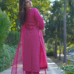 Mira – Fuchsia Radiance Handblock Gold Printed Cotton Suit Set with Organza Dupatta