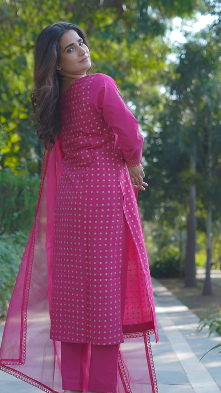Mira – Fuchsia Radiance Handblock Gold Printed Cotton Suit Set with Organza Dupatta
