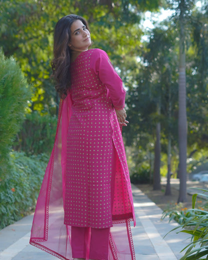 Mira – Fuchsia Radiance Handblock Gold Printed Cotton Suit Set with Organza Dupatta