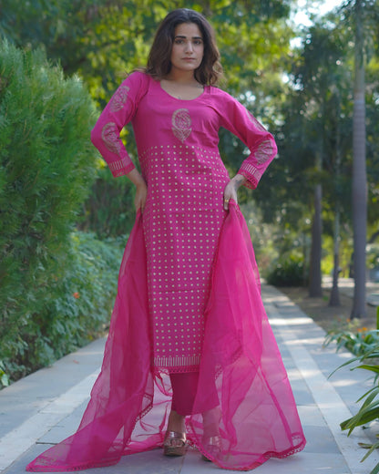 Mira – Fuchsia Radiance Handblock Gold Printed Cotton Suit Set with Organza Dupatta
