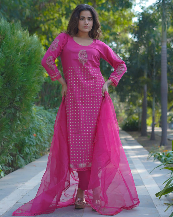 Mira – Fuchsia Radiance Handblock Gold Printed Cotton Suit Set with Organza Dupatta
