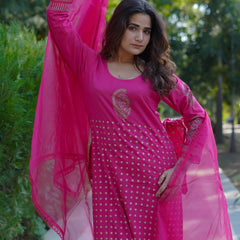 Mira – Fuchsia Radiance Handblock Gold Printed Cotton Suit Set with Organza Dupatta