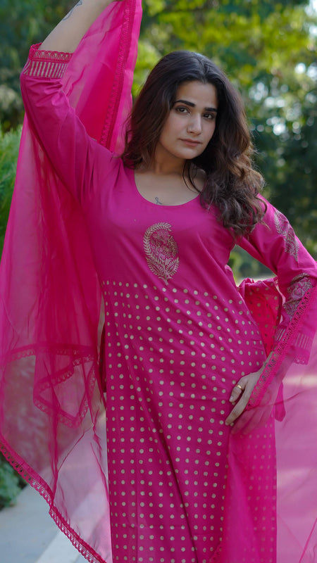 Mira – Fuchsia Radiance Handblock Gold Printed Cotton Suit Set with Organza Dupatta