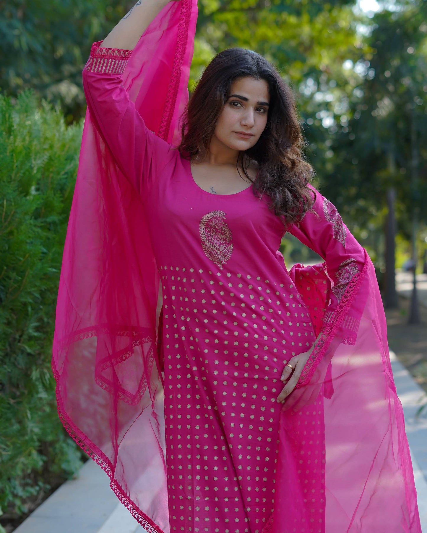 Mira – Fuchsia Radiance Handblock Gold Printed Cotton Suit Set with Organza Dupatta