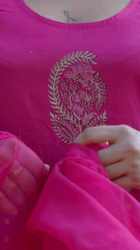 Mira – Fuchsia Radiance Handblock Gold Printed Cotton Suit Set with Organza Dupatta