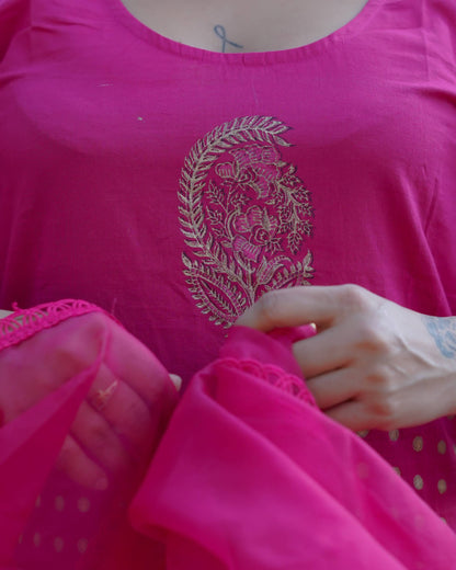 Mira – Fuchsia Radiance Handblock Gold Printed Cotton Suit Set with Organza Dupatta