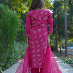 Mira – Fuchsia Radiance Handblock Gold Printed Cotton Suit Set with Organza Dupatta