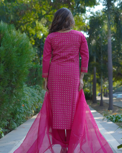 Mira – Fuchsia Radiance Handblock Gold Printed Cotton Suit Set with Organza Dupatta