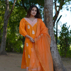 Tara – Marigold Glow Handblock Khari Printed Cotton Suit Set with Organza Dupatta