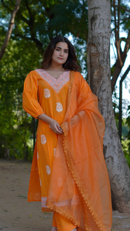 Tara – Marigold Glow Handblock Khari Printed Cotton Suit Set with Organza Dupatta