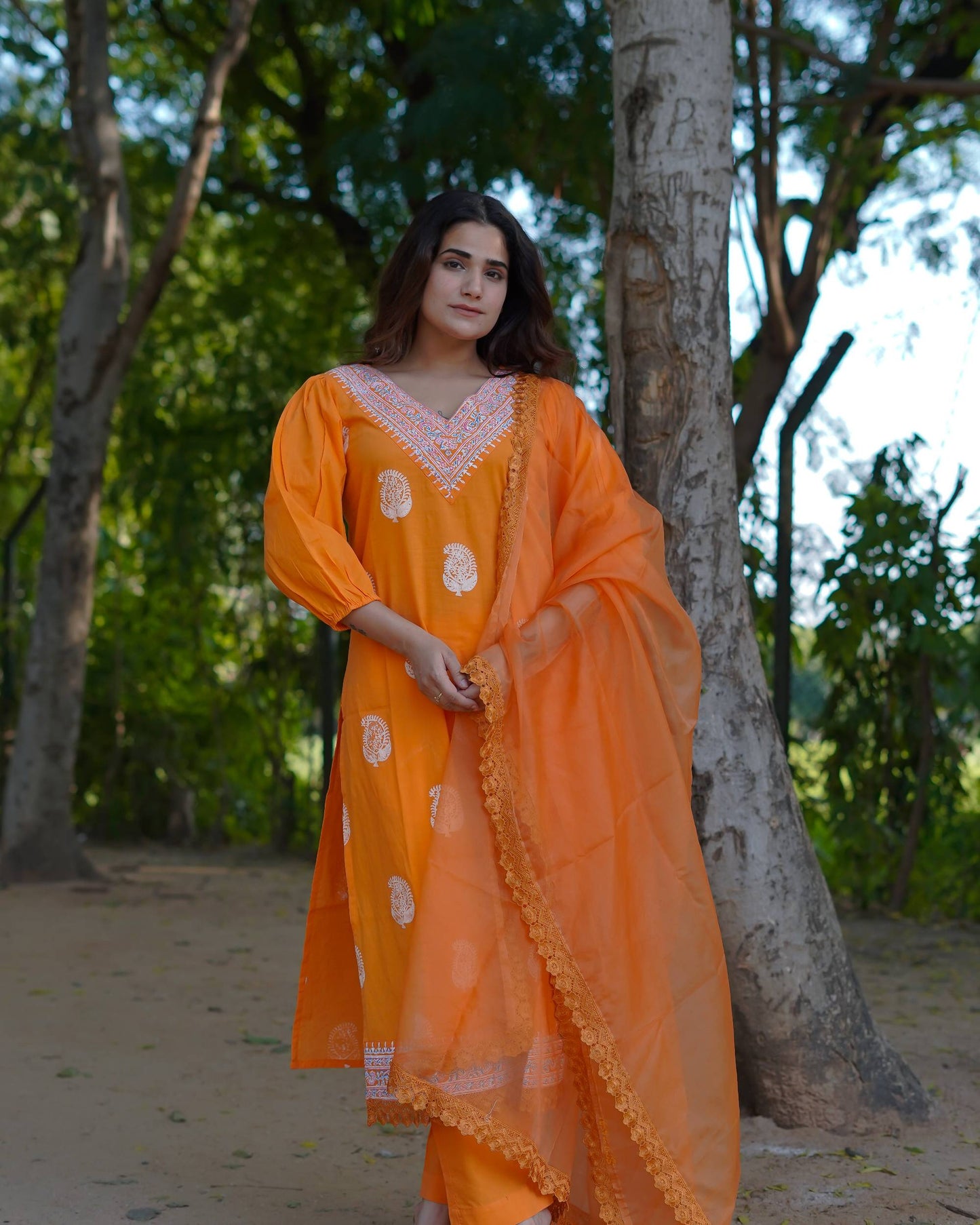 Tara – Marigold Glow Handblock Khari Printed Cotton Suit Set with Organza Dupatta