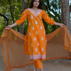 Tara – Marigold Glow Handblock Khari Printed Cotton Suit Set with Organza Dupatta